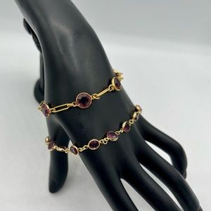 2 Vintage amethyst purple crystal link gold chain bracelets 7” & 8”